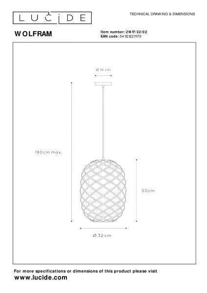 Lucide WOLFRAM - Suspension - Ø 32 cm - 1xE27 - Or Mat / Laiton - technique